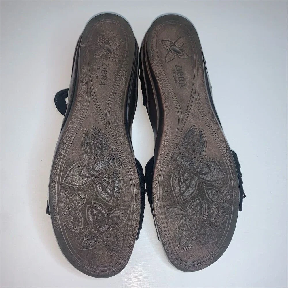 Ziera Sol Black Leather Floral Rosette Wedge Sandals‎ Mens 40 M